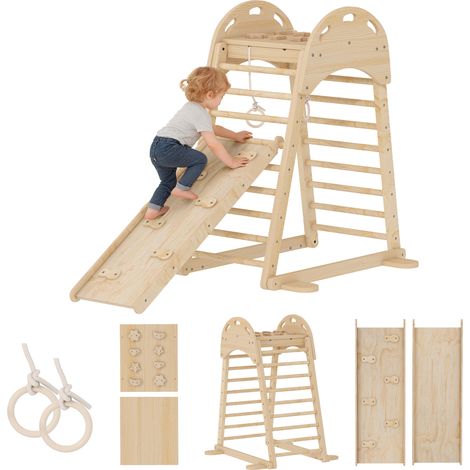 AIYAPLAY 6 en 1 triángulo de escalada montessori con plataforma y anillos, estructura de escalada de madera con tobogán de doble cara, natural