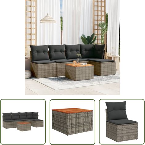The Living Store Salon de jardin 6 pcs avec coussins gris résine tressée - Ensemble Salon De Jardin - Mobilier De Jardin - Salon Extérieur - Résine Tressée - Rotin Synthétique (1/5)