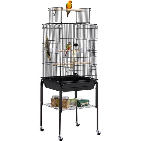 Yaheetech – Cage à oiseaux volière avec chariot roulant – Dimensions 46,5 x 46,5 x 119 cm – 2 mangeoires et 3 perchoirs – Espacement des barres 1,5 cm
