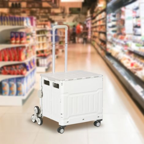 Chariot de courses blanc pliable, caddie pliant à roues avec poignée télescopique ajustable et couvercle, charge max 80 kg.