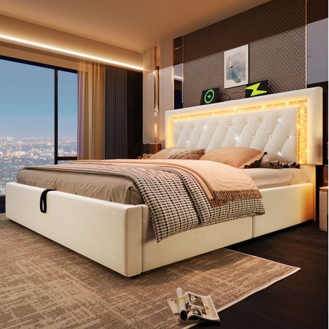 CHICFURN Lit rembourré 160 x 200 cm en velours gris avec tête de lit capitonnée et pieds renforcés (1/5)