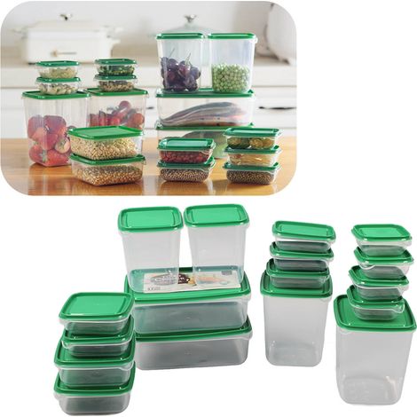 Set aus 17 grünen Aufbewahrungsboxen für den Kühlschrank, unterteilt nach Getreide, Obst und Gemüse, zur Kühlung und Aufbewahrung. (1/5)