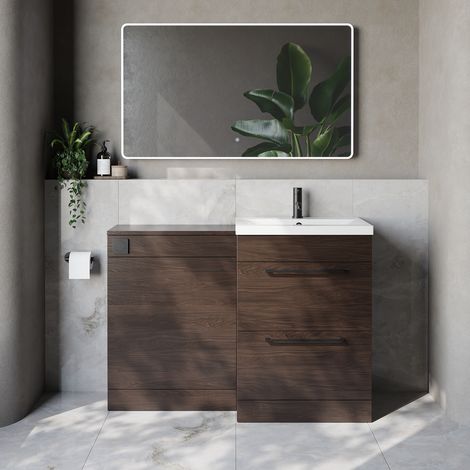 Napoli 390 Cento Brown Oak 1200mm 2 Drawer Vanity Unit Toilet Suite with Glide Basin - 1200mm - Matt Black 320mm HandleWithout Kingston Toilet Pan