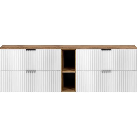 Furnidea - Meuble sous vasque FLOW BLANC 180 cm avec l'étagère - extension et plan chêne - 4 tiroirs - façades rainurées (1/5)