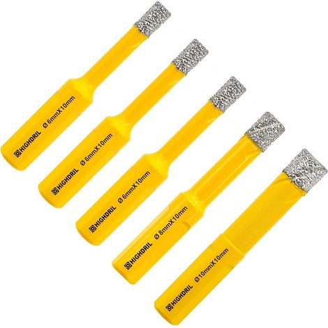 Lot de 5 forets diamantés, diamètre 6/6/8/10 mm, scie cloche brasée sous vide pour béton, granit, marbre, verre, porcelaine, carrelage, brique, tige triangulaire, Mix Set 1 (1/5)