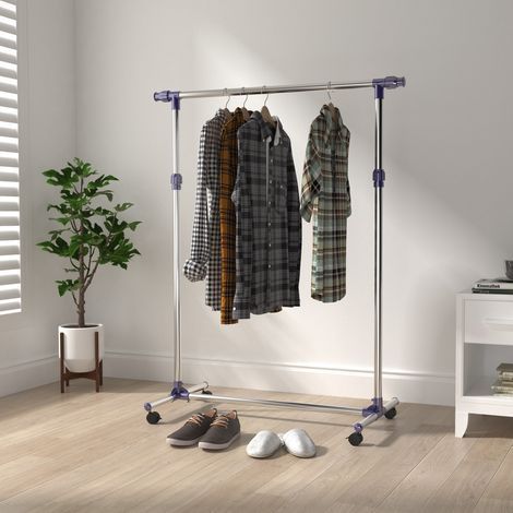 Portant vêtements sur roulettes, barre réglable, acier inox, capacité max 25 kg (1/5)