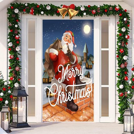 Décoration de porte de Noël, autocollant de porte, tissu décoratif à suspendre, toile de fond pour décoration de fête, décoration de porte - 90 x 180 cm (perforé + ruban) - Lot de 2