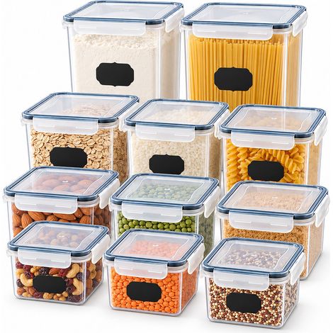 Relaxdays Food Storage Containers, 11-Piece Set, Various Sizes, Airtight Click-Lock Lids, Labels, Transparent (1/5)