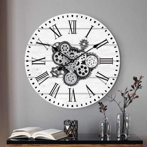 Horloge Murale Engrenages Mobiles Geante 57cm, Industrielle Bois Vintage Blanc Pendule Murale Steampunk Design Chiffres Romains pour Salon Cuisine Bar Bureau (1/5)