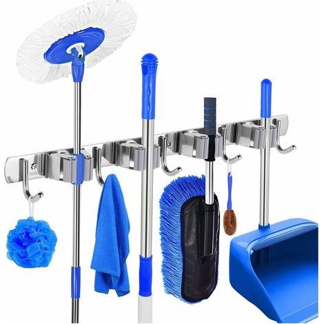 Wandmontierter Besenhalter – Edelstahl SUS304 – 4 Schlitze, 3 Haken – Für Küche, Tür, Garage, Garten – Wandmontage (1/5)