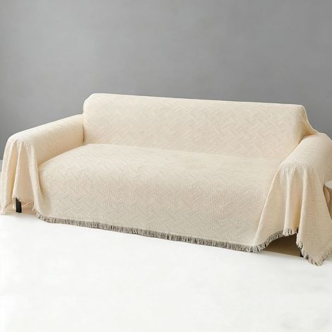 Grand Jeté de Canapé Avec Franges Décoratives, Polyvalent Tissé à Motifs Pour Fauteuils, 180 x 300 cm, Crème (1/5)
