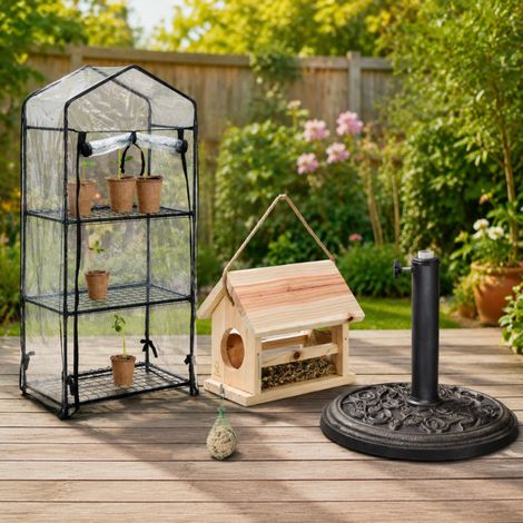 Set da giardino per balcone (3 pezzi) – Serra a 3 ripiani, mangiatoia per uccelli in legno e supporto per ombrellone in resina (1/5)