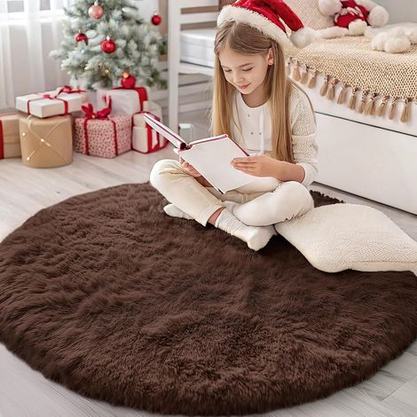 Tapis à poils longs, antidérapant, partie inférieure lavable, grand tapis pour salon, chambre d'enfant, chambre à coucher, 160 cm, rond, couleur marron (1/5)