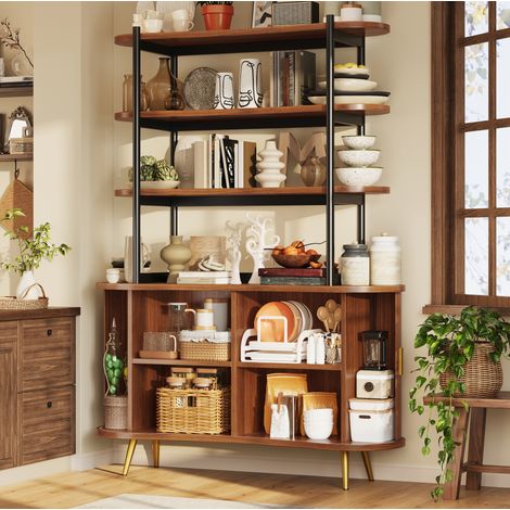 Aparador alto de MDF con puertas correderas y estantería de 4 niveles 120x40x183 cm OKWISH (1/5)