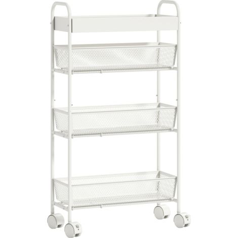 Carrello da cucina in metallo, 3 cestelli, design stretto, 4 ruote, per cucina, soggiorno, bagno, biancoSul posto