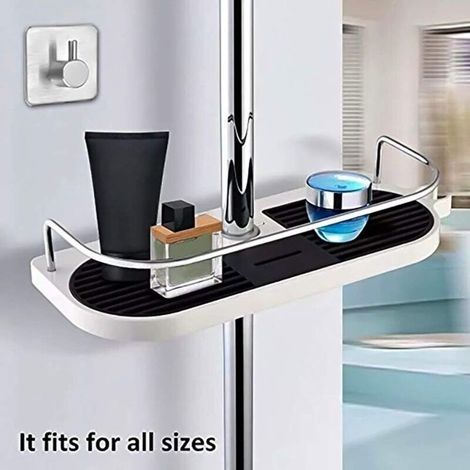Telescopic shower shelf, adjustable pole, bathroom organizer, multifunctional soap dish for storing shampoo, lotion, and water, 1 towel hook included (shower rod not included). (1/5)