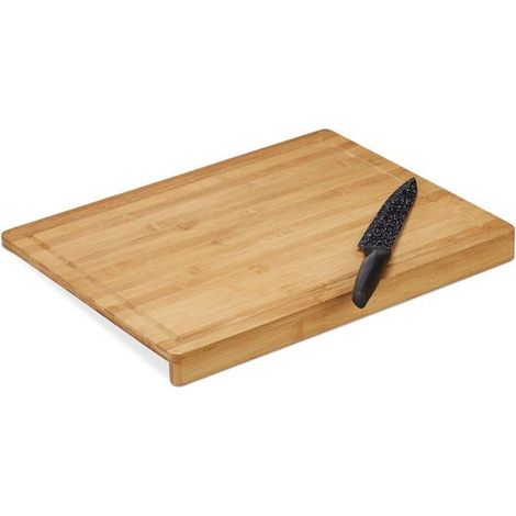 Planche à découper bambou plateau trancher cuisine récupérateur jus rigoles coins rebord 45x35 cm, nature (1/5)