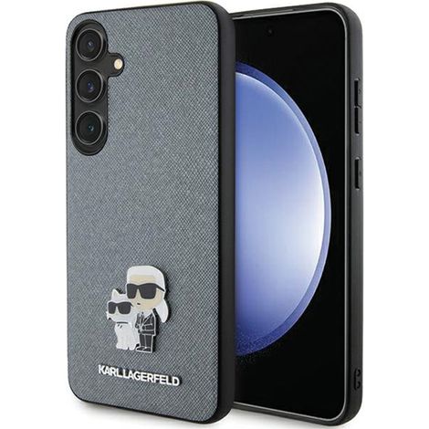 Karl Lagerfeld Saffiano Karl & Choupette Metall-Anstecknadel - Samsung Galaxy S24+ Hülle (Grau) (1/5)