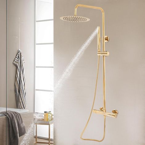 Anti-Kalk Duschsystem mit Thermostat Regenbrausegarnitur Brausegarnitur Brausesäule Messing Gold Modern Duschset Regendusche Duscharmatur Set (1/5)