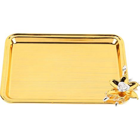 Plateau de service rectangulaire doré style européen luxe léger, décor floral pour salon, hôtel, KTV. (1/5)