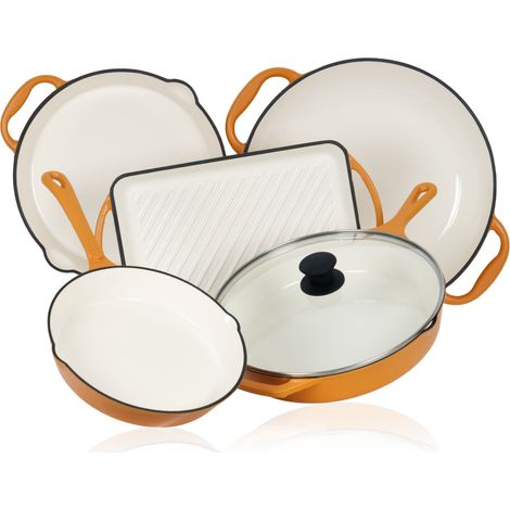 Mahlzeit Set de 5 poêles en fonte, Sunny Orange, poêles à griller, plaque de gril et poêle à paella (1/5)