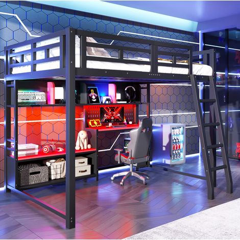 Etagenbett 140/200 cm in Schwarz aus Metall mit Schreibtisch, RGB-LED und Regalen (1/5)