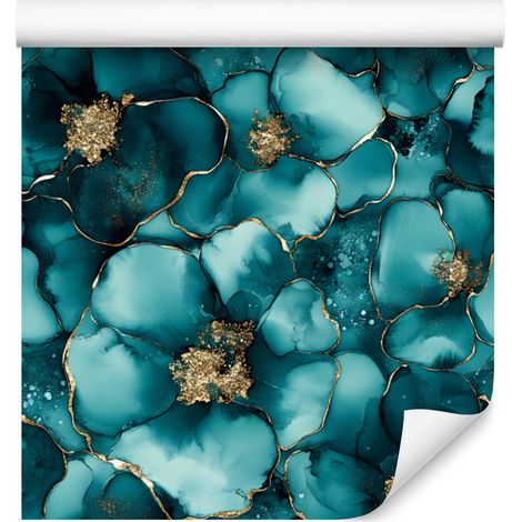 Papier peint encre turquoise, bleu marine et marron pour salon et chambre 50x1000 cm (1/5)
