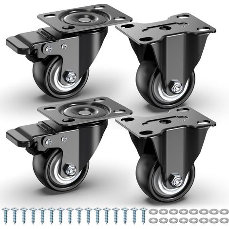 Roulettes Pivotantes - Roulettes avec Frein - Charge Maximale 250 kg - Diamètre 50 mm - Acier + PVC - Pour Bancs de Travail et Caissons - Lot de 4 (2 Pivotantes Freinées + 2 Fixes)