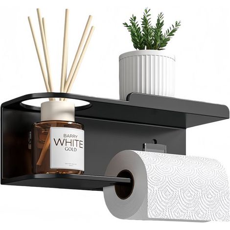 Portarrollos papel higiénico, Portarrollos papel higiénico estante, Organizador baño acero inoxidable Montaje tornillos autoadhesivos, Negro (1/5)