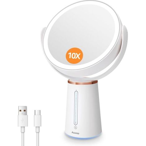 Vtizikl Miroir Maquillage Lumineux Grossissant 10X/1X, Miroir Double Face avec Eclaire Variable et Rotation 360°, Miroir Cosmétique de Table sur Pied Rechargeable 2500mAh pour Soin du Visage (1/4)