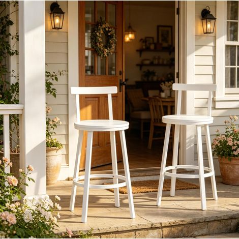 Tabouret de bar blanc avec dossier courbé, assise MDF et structure métallique HAVRYA (1/5)