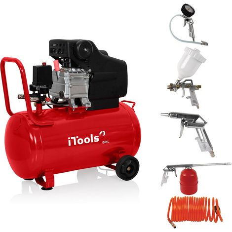 Compresseur d'air 50L 8 bar 115 PSI Silencieux 2CV 1.5KW + Kit 5 accessoires air comprimé ITOOLS