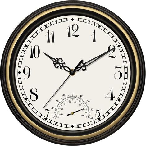 Wasserdichte Wanduhr für drinnen und draußen mit Thermometer, Retro, leise, nicht tickend, runde Uhr für Garten, Terrasse, Hof, Badezimmer, Zuhause (30,5 cm, Schwarzgold)