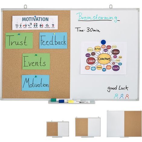 Relaxdays Combo Pinboard & Magnetic Board, 2 in 1 Combination, Aluminium Frame, with Shelf, 60 x 90 cm, White/Natural