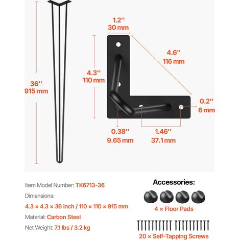 Pieds de Table en Épingle à Cheveux 91,5 cm, Ensemble de Pieds de Table en Épingle 4 PCS, Pieds en Épingle À Cheveux Acier avec 3 T… (1/5)