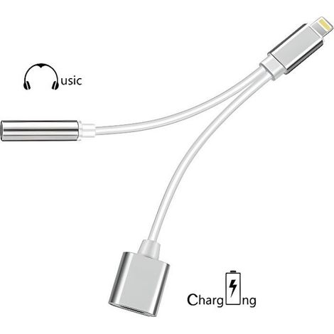 Cable Double Adaptateur port Lightning avec prise Jack 3.5 mm pour iPhone Couleur Argent - Marque Yuan Yuan (1/2)