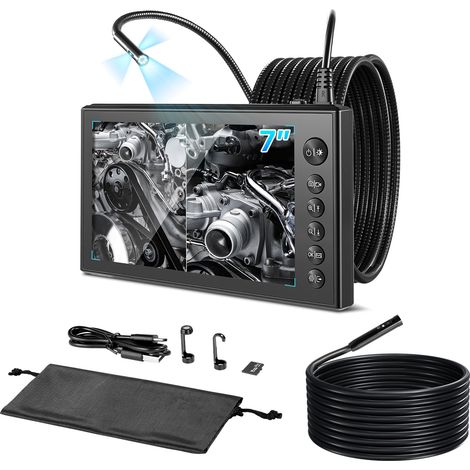 VEVOR Endoscopio de Triple Cámara con Pantalla IPS, Cámara de Inspección con Pantalla Dividida, Sonda de 8 mm, Cable de 3 m y 5 m, Batería 5000 mAh, Luces LED, 32 GB, para Motores, HVAC y Tuberías (1/5)