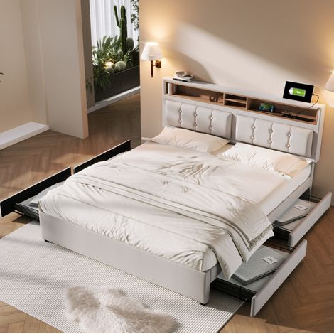 Bett Doppelbett Stauraum 140x200 Leinen Beige OKMYHOME