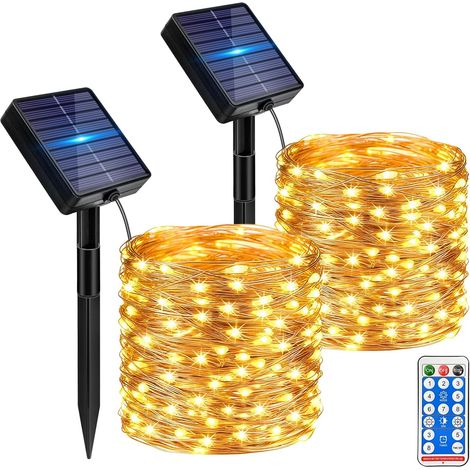 kolpop 2er-Pack Solar-Lichterkette für den Außenbereich mit Fernbedienung, 12 m, 120 LEDs, wasserdicht, 8 Modi, Dekoration für Garten, Terrasse, Hof, Weihnachten, Hochzeit, Party, warmweiß