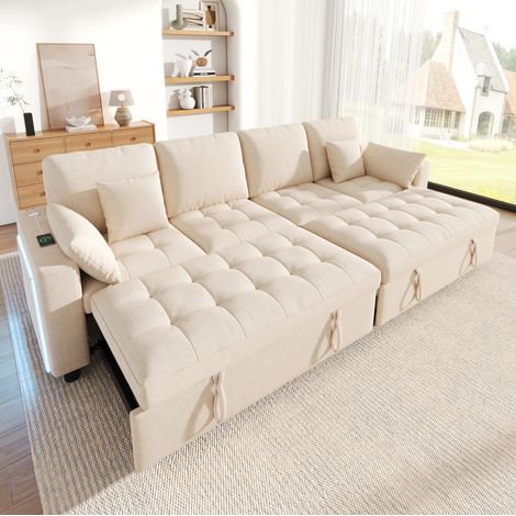 Lit double avec rangement 180x200 cm en MDF naturel avec éclairage, sans matelas - CHICFURN (1/5)