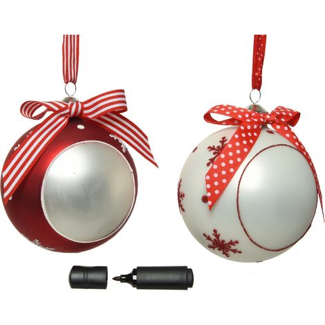 Pallina per albero di Natale in vetro color Rosso e Bianco con fiocco personalizzabile da 10 cm -Bianco (1/4)