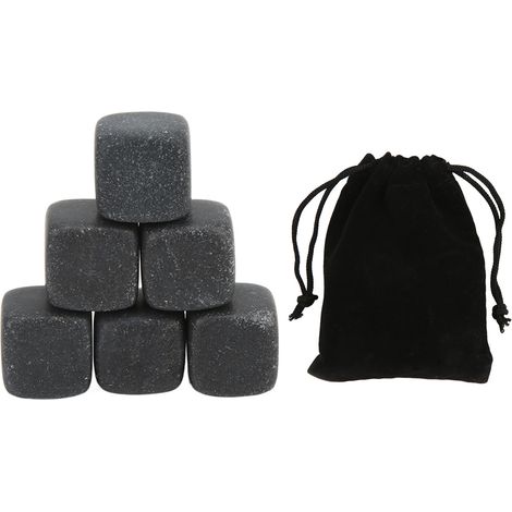 Lot de 6 pierres de basalte pour whisky avec sac de rangement - Rafraîchisseurs réutilisables pour cognac, vin et boissons - Idée cadeau (1/5)