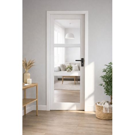 Blocco Porta Kenya Vetro Bianco Trasparente H204 x L83 Pannello Ribs Spinta Sinistra + Maniglia