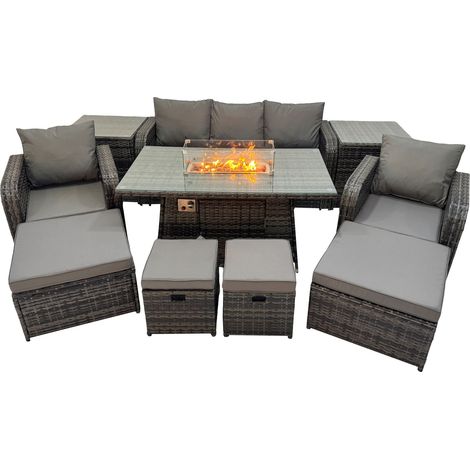 Fimous Garden Outdoor Rattan Furniture Set Rattan Reclining Chair 3 Seater Sofa with 4 Stools 2 Side Tables Dark Grey Mixed (1/5)