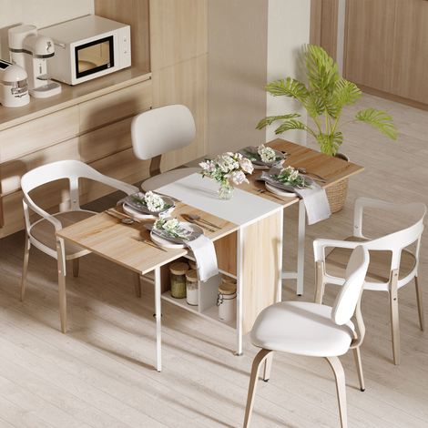 Klappbarer Küchentisch für 4 Personen, Esstisch mit 4 integrierten Ablagefächern für kleine Räume, Maße ausgeklappt 169 x 62 x 75 cm (L x B x H), helle Eichen-MDF-Platte, weißer Stahl