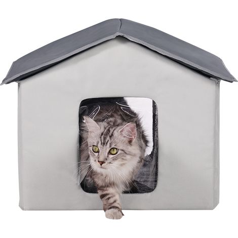 Mophorn Beheiztes Katzenhaus, Katzenunterschlupf für draußen mit einstellbarer Temperatur, faltbares 600D Oxford-Gewebe, beheiztes Kissen für den Winter, grau, mittel