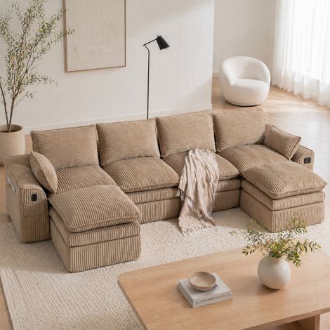 Sofa modular Cord khaki 335x167x85 cm mit 2 Hockern, Seitentaschen und Kissen (1/5)