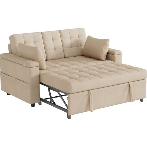 Sofá cama de 2 plazas con almacenamiento y respaldo reclinable, beige, efecto lino (1/5)