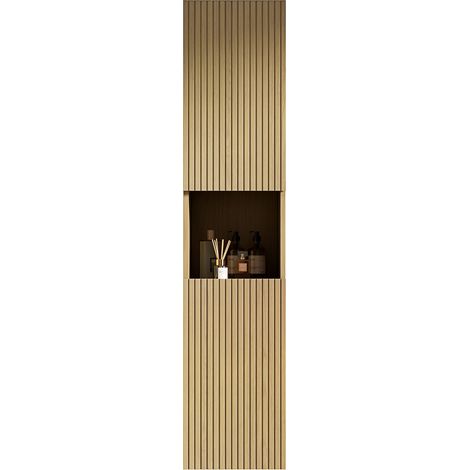 Mobiletto da bagno a parete alto 160 cm, mobiletto stretto con 2 ante e 1 vano a giorno, adatto a piccoli spazi, utilizzabile in bagni, soggiorni e lavanderie, finitura effetto legno Corolla.