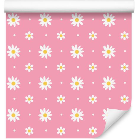 Papier peint Fraises et Marguerites Rose poudré et Crème 50x1000 cm (1/4)